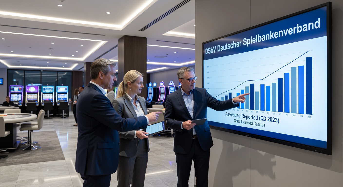 Detaillierter Blick auf ein Blackjack-Spiel in einer deutschen Spielbank, mit Chips-Stapeln und konzentrierten Spielern