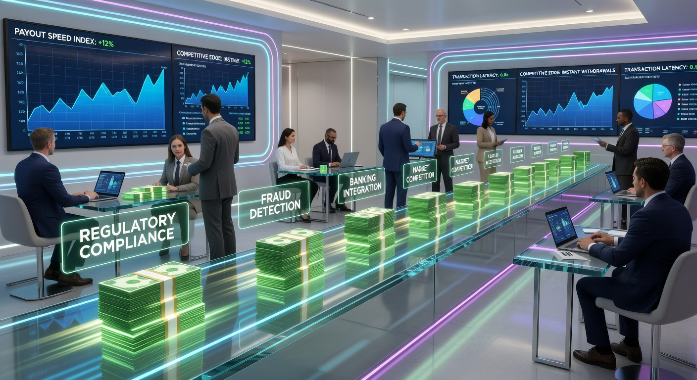 Illustration einer digitalen Brieftasche mit Blitzsymbolen und Casino-Elementen, die ultraschnelle Zahlungen darstellt