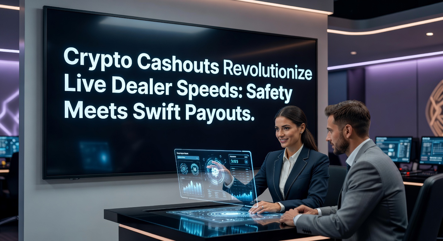 Darstellung eines modernen Online-Casinos mit Live-Dealer-Tischen und Kryptowährungs-Symbolen, die schnelle Transaktionen symbolisieren