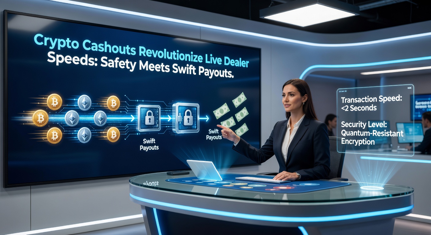 Grafik mit Blockchain-Ketten, sicheren Wallets und Live-Dealer-Symbolen, die Geschwindigkeit und Schutz visualisieren