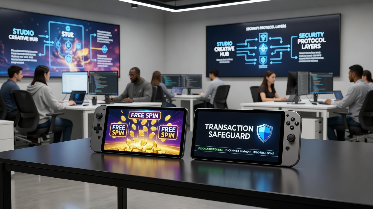 Darstellung von Game-Studio-Designs und mobilen Transaktionssicherungen bei Free-Spin-Sequenzen
