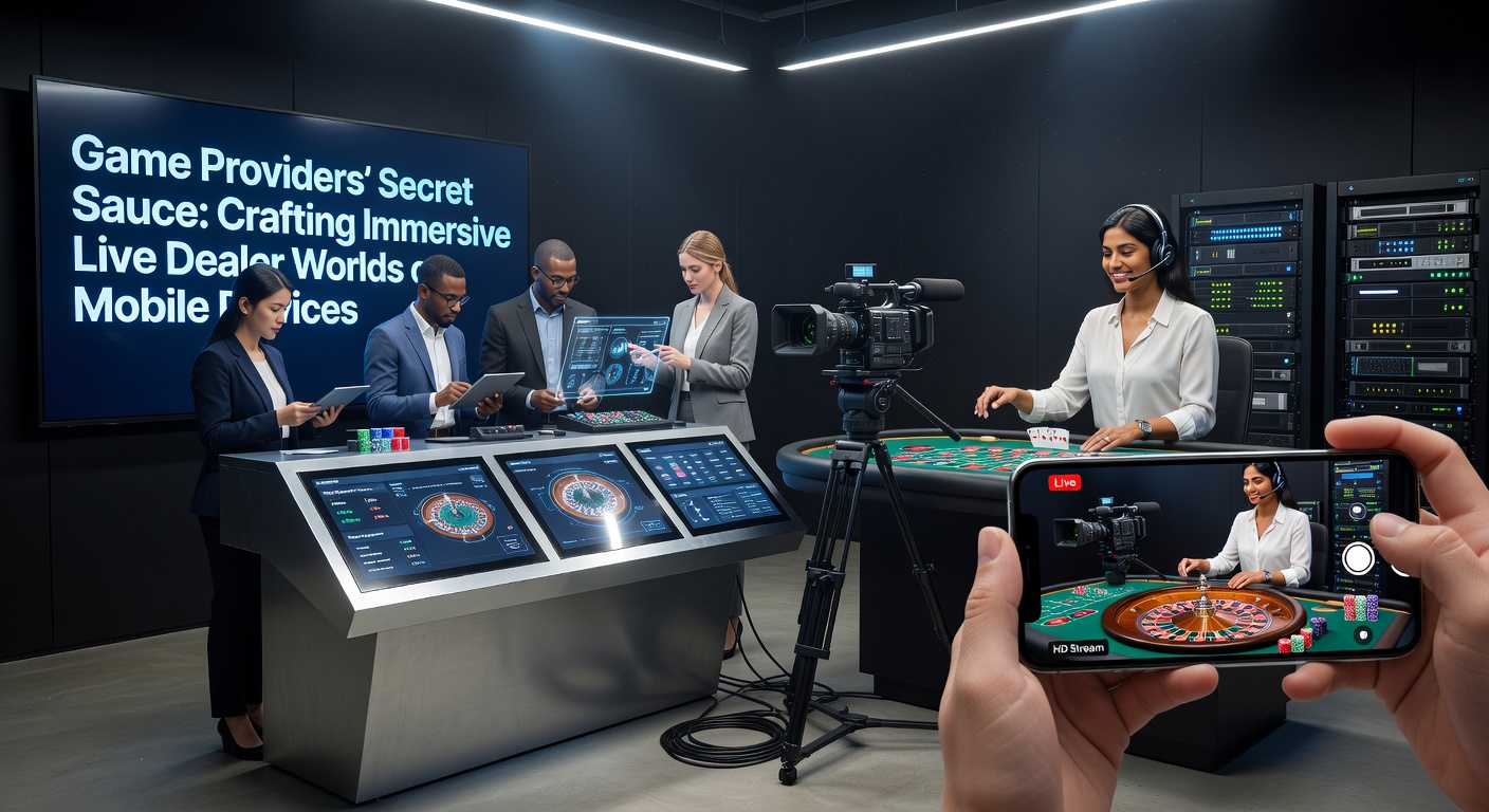 Modernes Live-Dealer-Studio mit multiplen Kameras und mobiler Stream-Integration, das die nahtlose Übertragung auf Smartphones zeigt