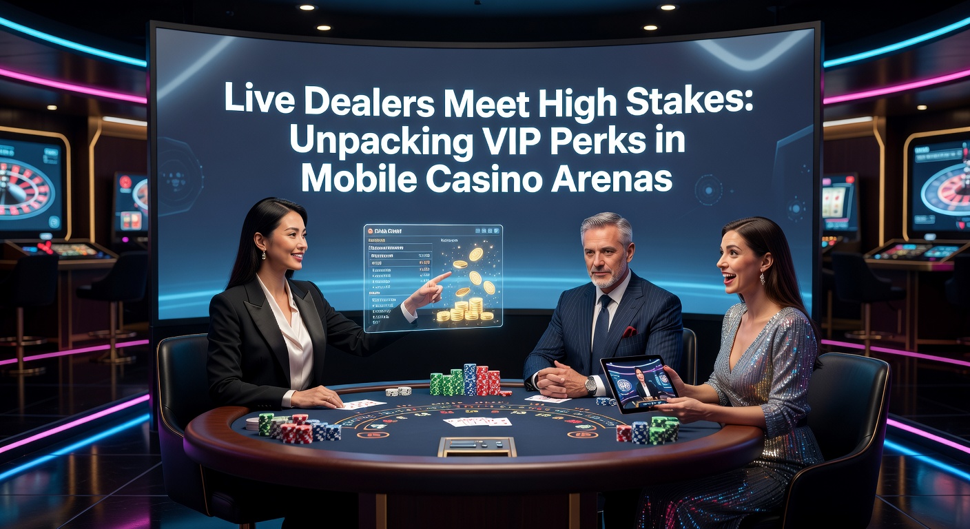 Ein eleganter Live Dealer an einem High-Stakes-Tisch in einer mobilen Casino-App, umgeben von virtuellen Chips und luxuriösen Elementen